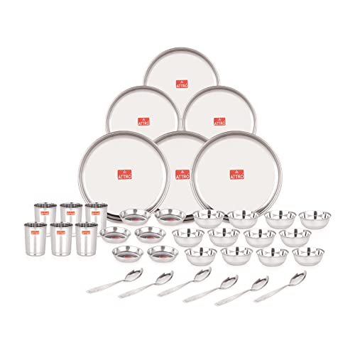 Attro 36 Pieces Smart Stainless Steel Dinnerware/Dinner Set – 6 Thali, 6 D.Plate, 12 Bowl, 6 Glass, 6 Spoon, Kitchen Set for Home & Restaurants, Family – Silver,Solid