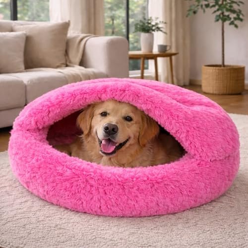 ZEXSAZONE Medium Warm Plush Pet Cave Bed for Dogs & Cats | Hooded Cozy Winter Sleeping Bed | Soft Donut Design (Pink, Medium)