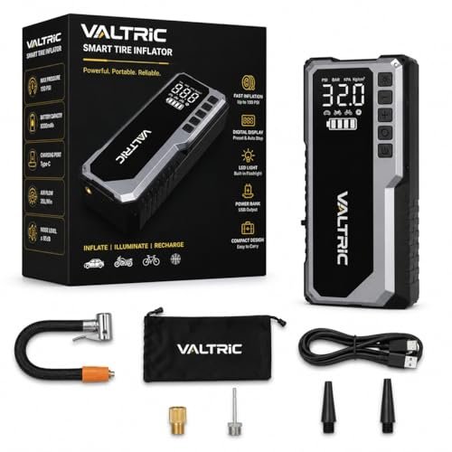 VALTRIC Cordless Tyre Inflator Air for Car and Bike 5200mAh with Digital Display, Auto Cut-Off, LED Flashlight, Emergency SOS Light & Power Bank Support for Car, Bike, Bicycle & Ball