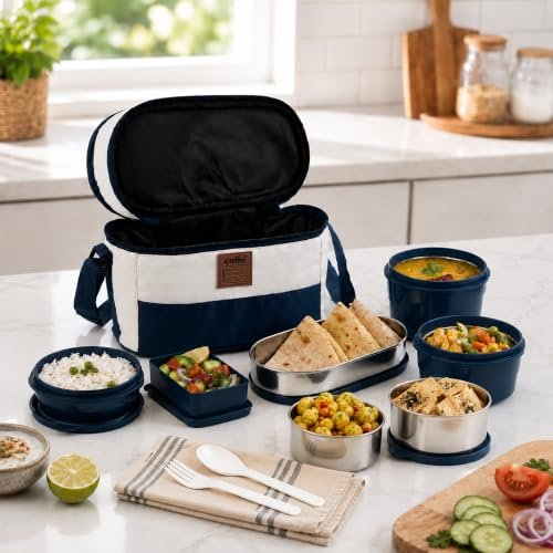 CELLO All Day Meal Lunch Box with Bag for Office Use Blue White | 550ml,375ml,225ml Microwave Safe Containers, 500ml + 300mlx2 Steel Containers, 175ml Salad Box with Spoon & Fork Tiffin Set for Travel