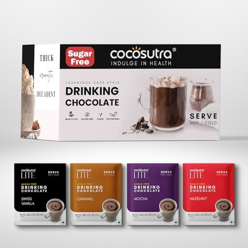 COCOSUTRA Sugar-Free Drinking Chocolate Mix | 20 Single-Serve Sachets (20g Each) | 4 Flavours x 5 Sachets Each – Swiss Vanilla, Mocha, Caramel & Hazelnut | Zero Sugar | Low Carb | Sweetened with Stevia & Erythritol | Gluten Free & Vegan | Enjoy Hot or Cold | 400g