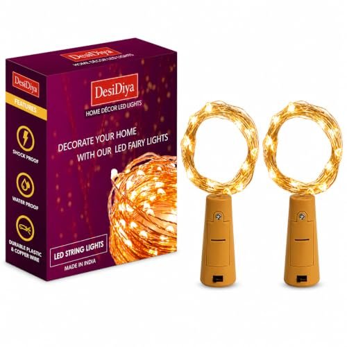 Desidiya® Bottle Lights with Cork, Mini Copper Wire, 24 LED Battery Operated String Decorative 200cm Fairy Light DIY Festive Decor for Diwali Wedding Party Decoration – Pack of 2 (Warm White)