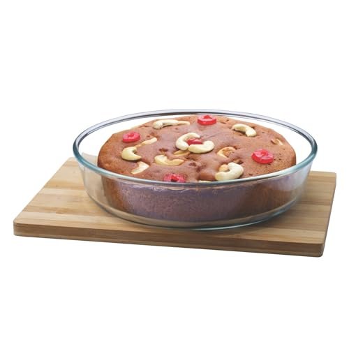 SgnoraWare Bake ‘N’ Serve Round Bakeware Safe and Oven Safe Glass Dish Tray | Borosilicate Glass Bowl Container | Microwave Oven Safe Baking (2100ml, Set of 1, Clear)