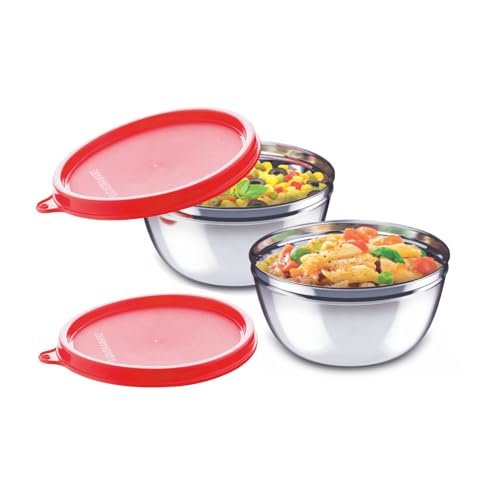 Signoraware Stainless Steel Mixing Bowl Set| Dishwasher Safe| Compact Size| Odor-Free| Great for Serving Dishes| Ideal for Office & School use| Great for Gifting (500ml x 2| Set of 2| Red)