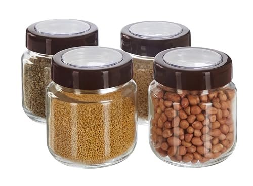 Amazon Brand – Solimo Glass Transparent Storage Jar with Brown Cap for Pickles, Spices | BPA Free | Set of 4 | 500 ml