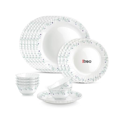 Treo by Milton Opalware Aurelia Murel Dinner Set of 18 | Serving for 6 | Microwave & Dishwasher Safe | Bone-Ash Free | Tempered Toughness | Plates & Bowls | Crockery Set for Dining & Gifting