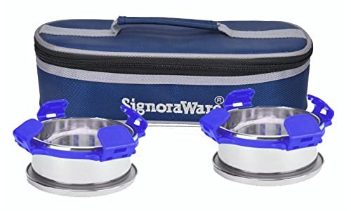 Signora Ware 350Ml+350Ml All Steel Midday Lunch Box with Bag, Food Grade BPA Free, Leak Proof and Air Tight Stainless Steel Containers, Compact and Sleek Tiffin Box (Set of 2 Violet)