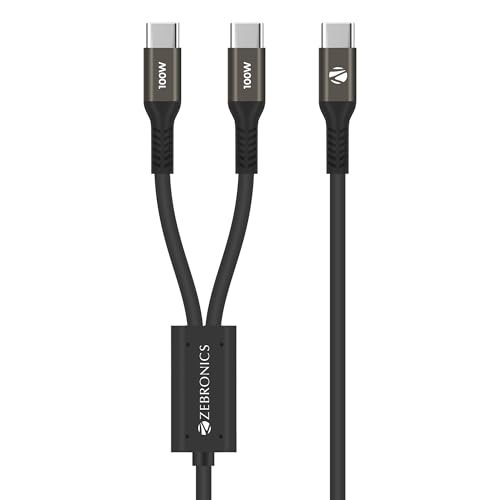 Zebronics 100W Type-C to Type-C 1.2m Cable, PD Fast Charge, 5A Output, SPD Protection, 480Mbps Data Sync, for iPhone 15 and Above, MacBook, iPad and Samsung Galaxy Series (WATTZ 100CC1, Black)