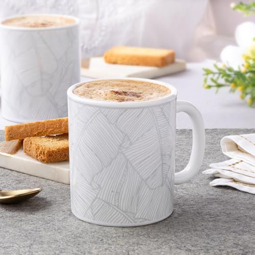 Larah by BOROSIL 320ml x 2pc Opalware Ivy Tea/Coffee Mug Set, Microwave & Dishwasher Safe Embossed Design Crockery Ideal for Daily Use & Gifting