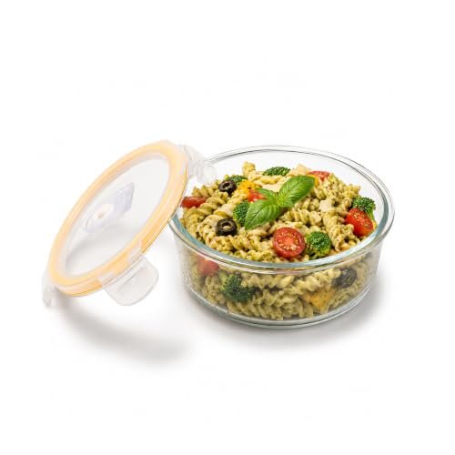 CELLO Fit & Fresh Round Lunch Box Container for Daily Use 400 ml, Clear | Microwave & Fridge Safe Toughened Glass Airtight Leakproof Food Storage Tiffin Box Container for Kitchen, Travel & Office Use