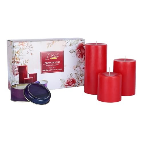 D’Velas™ Pack of 3 Unscented Red Pillar Candles | Burn Time 50/65/80 Hours | Bonus 3oz Scented Travel Tin | Long-Lasting Paraffin Wax Candles for Home Décor, Festive Use & Events