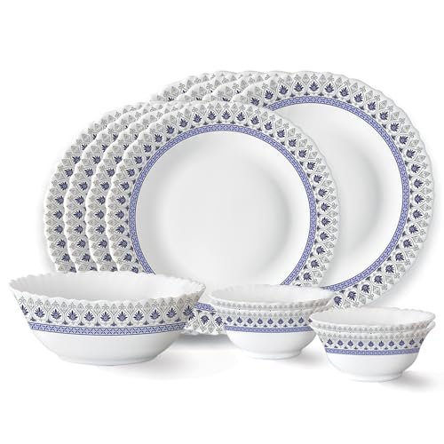 Larah by Borosil Ocean Fluted Series Opalware Dinner Set | 13 Pieces for Family of 4 | Microwave & Dishwasher Safe | Bone-Ash Free | Crockery Set for Dining & Gifting | Plates & Bowls | White