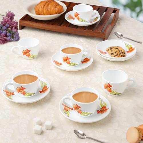 Larah by BOROSIL Red Iris Opalware Cup and Saucer Set of 12 pcs | Tea/Coffee Cups 140 ml | Microwave & Dishwasher Safe | Bone-Ash Free | Crockery Set Ideal for Daily Use & Gifting, White