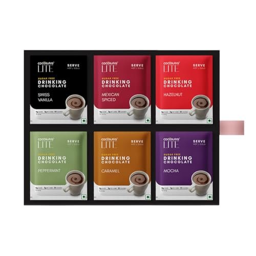 COCOSUTRA Sugar-Free Drinking Chocolate Mix | 12 Single-Serve Sachets (20g Each) | 2 Sachets Each Flavour | Swiss Vanilla, Mocha, Caramel, Hazelnut, Mexican Spiced & Peppermint | Zero Sugar | Low Carb | Low Calorie | Stevia & Erythritol Sweetened | 240 g