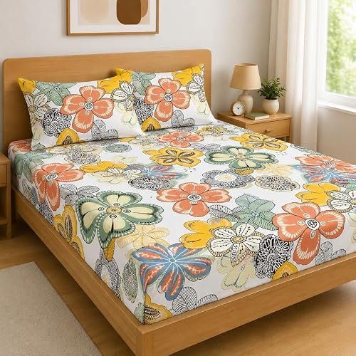 Homedy Premium Cotton Fitted Bedsheet King Size 78 x 72 x 8 Inches with 2 Pillow Covers | 220 TC | All-Around Elastic Deep Pocket Bed Cover | Multicolor Retro Floral