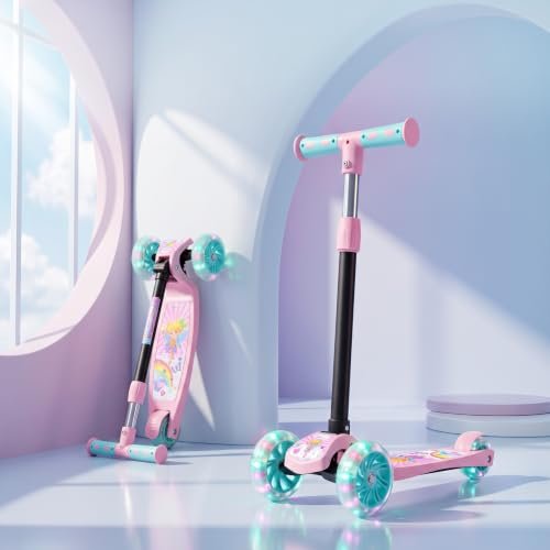 KOXTONS Kids Scooter Magic Princess with LED Wheels, Kick for Kids with Adjustable Foldable Design, Skating Style Alternative to Cycle, Ideal Up to 50 Kg,Pink