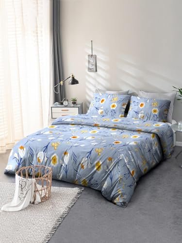 Cortina 120 TC 100% Microfiber Printed Double Bedsheet Set with Two Pillow Case | King Bedsheet Set|Breathable and Skin Friendly| (2.5×2.3m, Floral – Blue)
