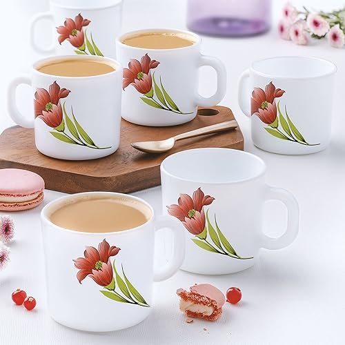 Larah by Borosil Red Iris Opalware Coffee Mug 180ml – Dishwasher and Microwave Safe Tea/Milk Mug | Stylish Hot Drinks Mugs | Ideal for Home and Office (Set of 12)