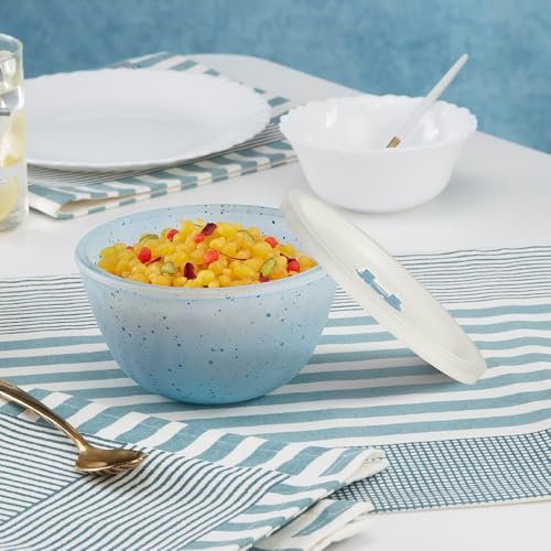 Borosil 500ml Serving & Mixing Bowl with Lid | Made in India Borosilicate Glass Bowl for Kitchen & Dinning | Bowl for Mixing Dough, Salad, Batter | Microwave & Dishwasher Safe (Blue)