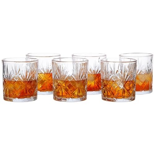 Amazon Basics Whiskey Glass Set of 6 (320ml Each) | Stylish Timeless Design | Versatile for Various Spirits | Durable Glass Cocktail Tumbler | Comfortable Grip | Dishwasher Safe