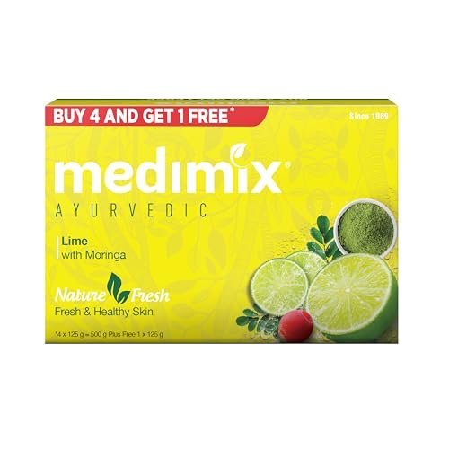 Medimix Ayurvedic Lime with Moringa Bathing Bar Soap 125g (Buy 4, Get 1 Extra Combo Pack) | Refreshed & Nourished Skin | Shop Herbal | Natural | Paraben-free & Sulphate-free | 100% Vegan