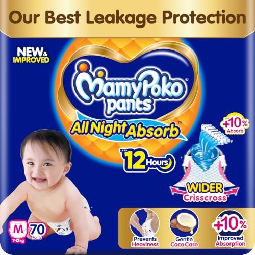 New Mamypoko Pants Premium All Night Absorb| Pant Style Baby Diapers Medium Size(M), 70 Count, Ideal for 7-12Kgs|1 Diaper= Upto All Night Absorption now with 10% increased power|Wider Crisscross Sheet|Gentle Coco Care| 12hr Leakage Protection| Prevents Heaviness.