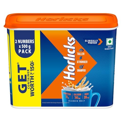 Horlicks Nutrition Drink Container – 1 Kg – Classic Malt – Clinically Proven to make kids Taller, Stronger, Sharper