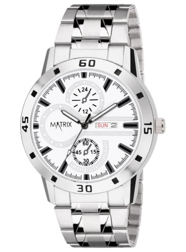 Matrix Superior Analog Watch for Men | Black , Blue , Green & White Dial Stainless Steel Chain Strap Watch | Day & Date Display | Quartz Movement | Stylish Casual & Formal Wrist Watch for Boys & Men (White)