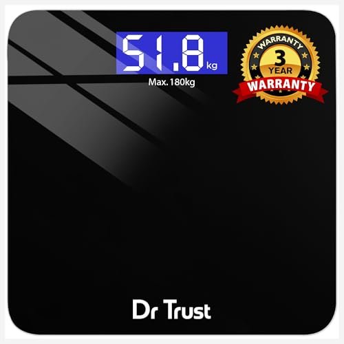 Dr Trust USA Zen Rechargeable Digital Electronic Weight Machine, CE approved with 3 Years Warranty, For Human Body 180Kg Capacity, Tempered Glass, LCD Display Personal Weighing Scale – 503 (Black)