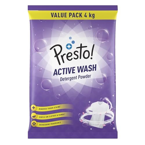 Amazon Brand – Presto! Active Wash Detergent Powder | 4 Kg | Tough On Stains | Gentle On Fabrics | Colour-Safe | Refreshing Fragrance | Machine And Hand Wash