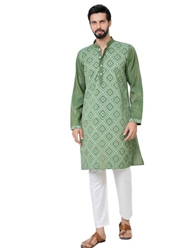 See Designs Men’s Full Sleeve Mandarin Collar Green Embossed Printed Cotton Chanderi Straight Long Kurta – Festive Collection | – SDKT3126S