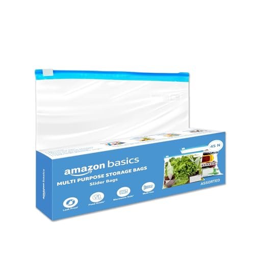 Amazon Basics – Multipurpose Slider Storage Bags | 45 Bags | Assorted Sizes, 15 Each – S, M, L | Reusable and Reclosable | Material Plastic | Leak- Proof | Food Grade | Microwave Safe
