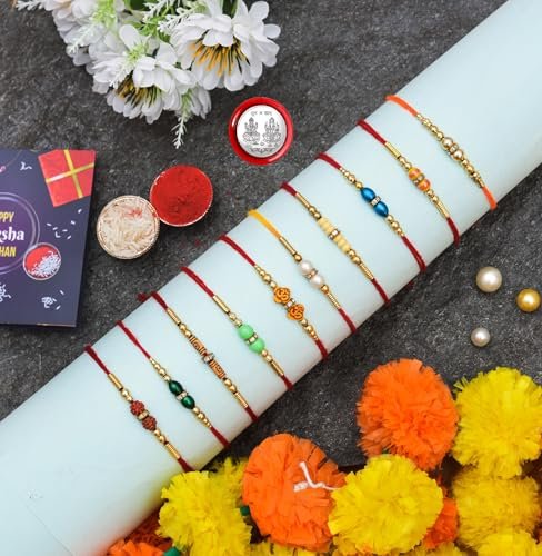 PartySutra Combo of 10 Dora Rakhi Set for Brother, Bhaiya, Bhabhi for Rakhi/Rakshabandhan with Roli Chawal & Greeting Card | Premium Rakhi Hamper RKHMPR52