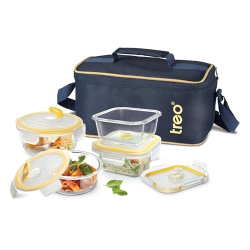 Treo by Milton All Fresh Omni Borosilicate Glass Tiffin | Microwave & Oven Safe | Air Vent Leak-Proof Lid with Durable Jacket | for Office & Travel | Set of 4: 2×400ml Round & 2×320ml Square, Blue
