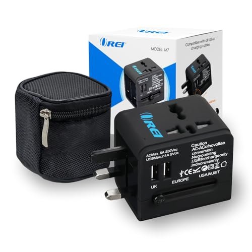 Orei Universal Travel Adapter with 2 USB Ports, 3 in 1 Universal Charger, International Travel Adapter for Cell Phones, Tablets, Camera, for Travelers to US, Europe, UK & More, Black