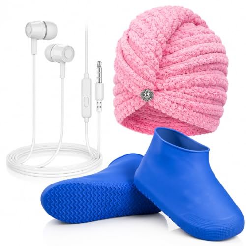 Homedy 3-in-1 Daily Essentials Combo | Wired Earphones, Quick Dry Microfiber Hair Towel Wrap & Waterproof Reusable Shoe Covers | Multi-Purpose Utility Combo for Men & Women