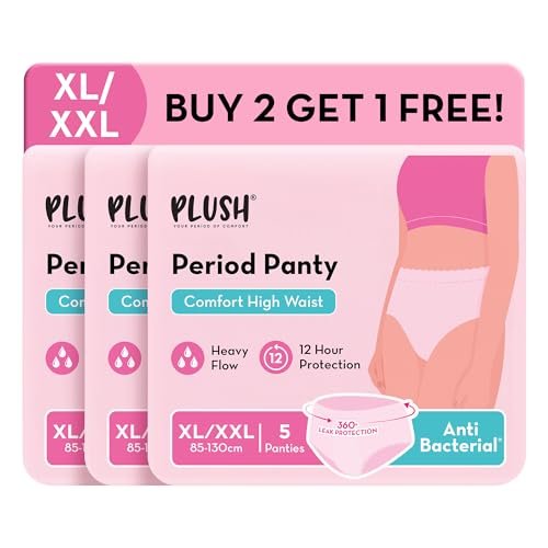 Plush Anti-Bacterial Period Panty – Pack of 3 (15 Pcs) XL/XXL (85–130 cm) | B2G1 Free | Comfort High Waist Disposable Panties for Women Heavy Flow | Non-Bulky, Snug Fit | 12-Hour Protection | 360° Coverage, 100% Rash-Free | Ideal for Overnight Use