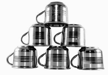 GIFFERMAN Stainless Steel Single Wall Royal Tea Coffee Cup | Mugs With Silver Mirror Finish | Unbreakable Cups for Daily Use | 155ml | Gifting Item Pack of 6
