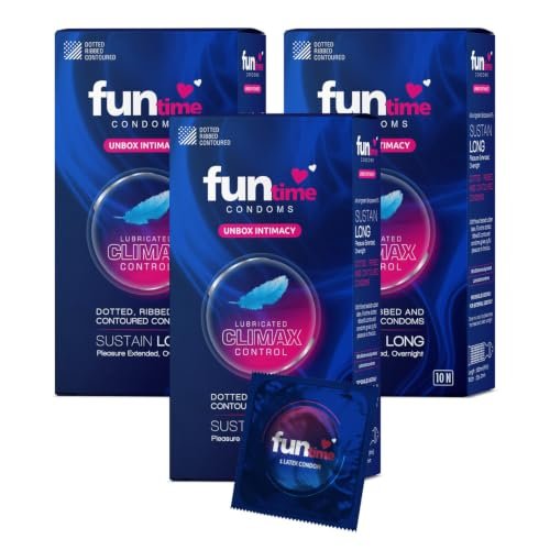 Funtime Climax Control Condoms | Dotted, Ribbed, & Contoured for Long-Lasting Pleasure | Lubricated Natural Rubber Latex Condoms for Excitement & Fun | Pack of 3 (10 counts each)