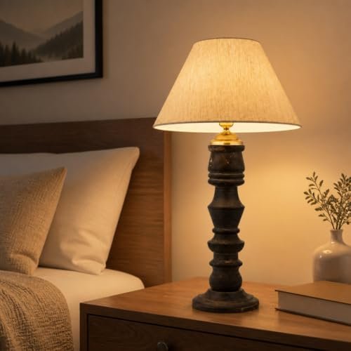 tu casa Wooden Table Lamp with Off-White Fabric Shade | Bedside Night Lamp for Bedroom, Living Room & Study | Decorative Nightstand Lamp for Home Décor