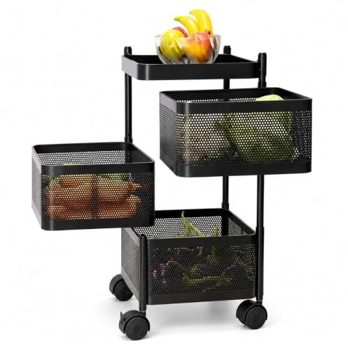 Homeor 3 Layer Kitchen Trolley with Wheels | 360° Rotating Metal Storage Rack for Vegetables, Fruits, Onion & Spices | Square Multipurpose Kitchen Organizer Stand | Metal Kitchen Trolley, Matte Black