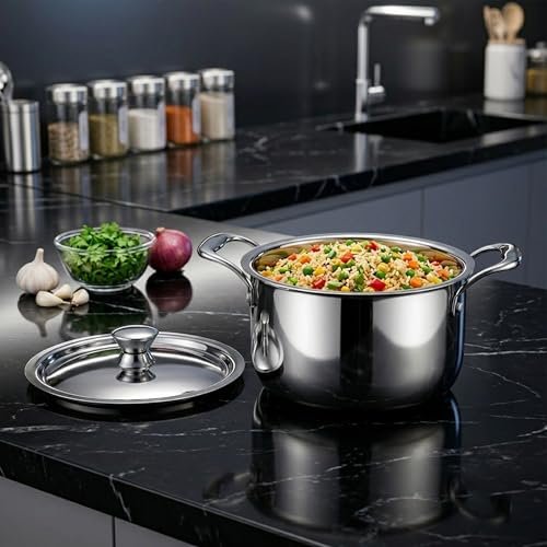 AGARO Regency 28 cm Triply Stainless Steel Casserole with Lid, 6.3L, Tri-Ply Induction & Gas Compatible, Even Heat Distribution, Non-Toxic Steel Cookware, Biryani Pot, Handi for Pulao, Curry & Cooking