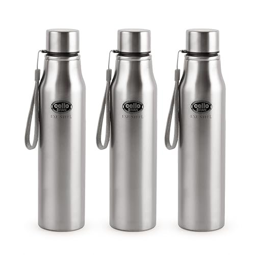 CELLO Swan Stainless Steel Water Bottle Set of 3 Pcs, 900 ml Each Silver | ISI Certified, Single Wall, Leakproof, Rust Proof | Airtight Fridge Safe Steel Water Bottle For Office, College, Gym & Travel