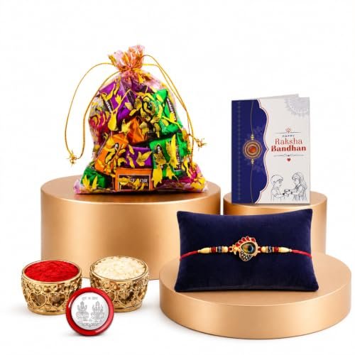 DeoDap Rakhi with Chocolate for Brother – Round Design Colorful Beads Rakhi with Choco Magic Chocolate 96 Gm, Tilak Set, Silver Color Coin, Greeting Card – Raksha Bandhan Combo for Bro (K1_1253_EM)