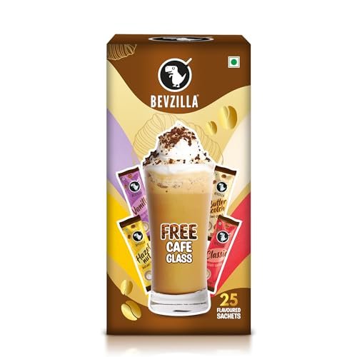 Bevzilla Premium Glass & 25 Flavoured Coffee Sachets/Pouch Box | Butterscotch, Classic, Vanilla & Hazelnut Flavour | Preimum Gift Box| Espresso, Latte,Cappuccino | Hot & Cold Brews