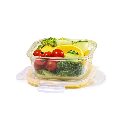 CELLO Fit & Fresh Square Lunch Box Container For Daily Use 320 ml, Clear | Microwave & Fridge Safe Toughened Glass Airtight Leakproof Food Storage Tiffin Box Container For Kitchen, Travel & Office Use