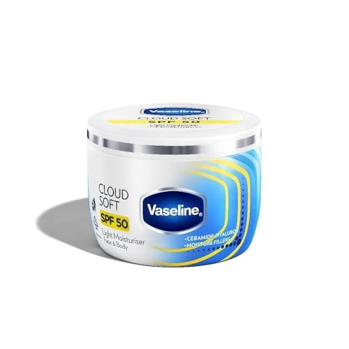VASELINE Cloud Soft SPF 50 PA ++++ Light Moisturiser, 200 ml, for Soft and Bouncy Skin, with Ceramides & Hyaluron Moisture Fillers, Non-Sticky and Lightweight, Broad Spectrum Protection