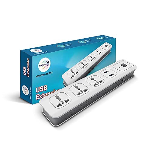 Wipro USB Extension Cord with 2 mtr Cord Length | 3 Universal Socket and 2 USB Port Spike Guard | Child Safety | Auto Cutoff | Fire Resistant, Pack of 1