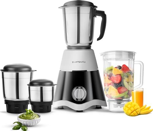 Longway Super Dlx Juicer Mixer Grinder | Up to 750W Max Output Powerful Motor | 4 Jars for Grinding, Mixing, Juicing | 2 Year Warranty | Black & Gray