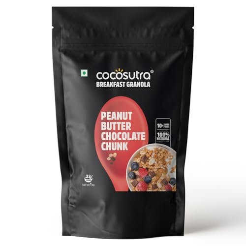 COCOSUTRA Peanut Butter Chocolate Chunk Breakfast Granola 1 kg | 100% Natural, Vegan & Gluten Free | High Protein Cereal with Oats, Nuts, Seeds and Dry Fruits | Lightly sweetened with Jaggery